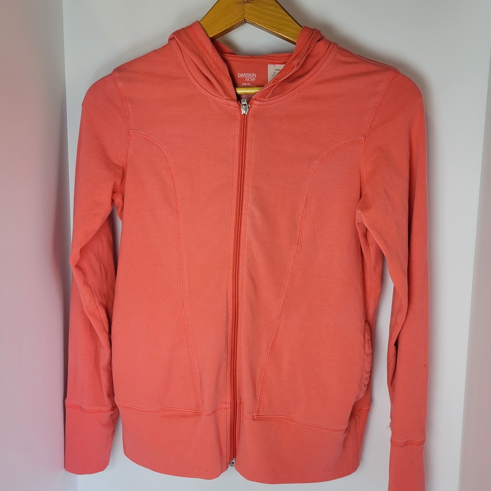 Danskin Now Womens Coral Pink Full Zip Hoodie Sweatshirt Thumbholes Size M 8-10